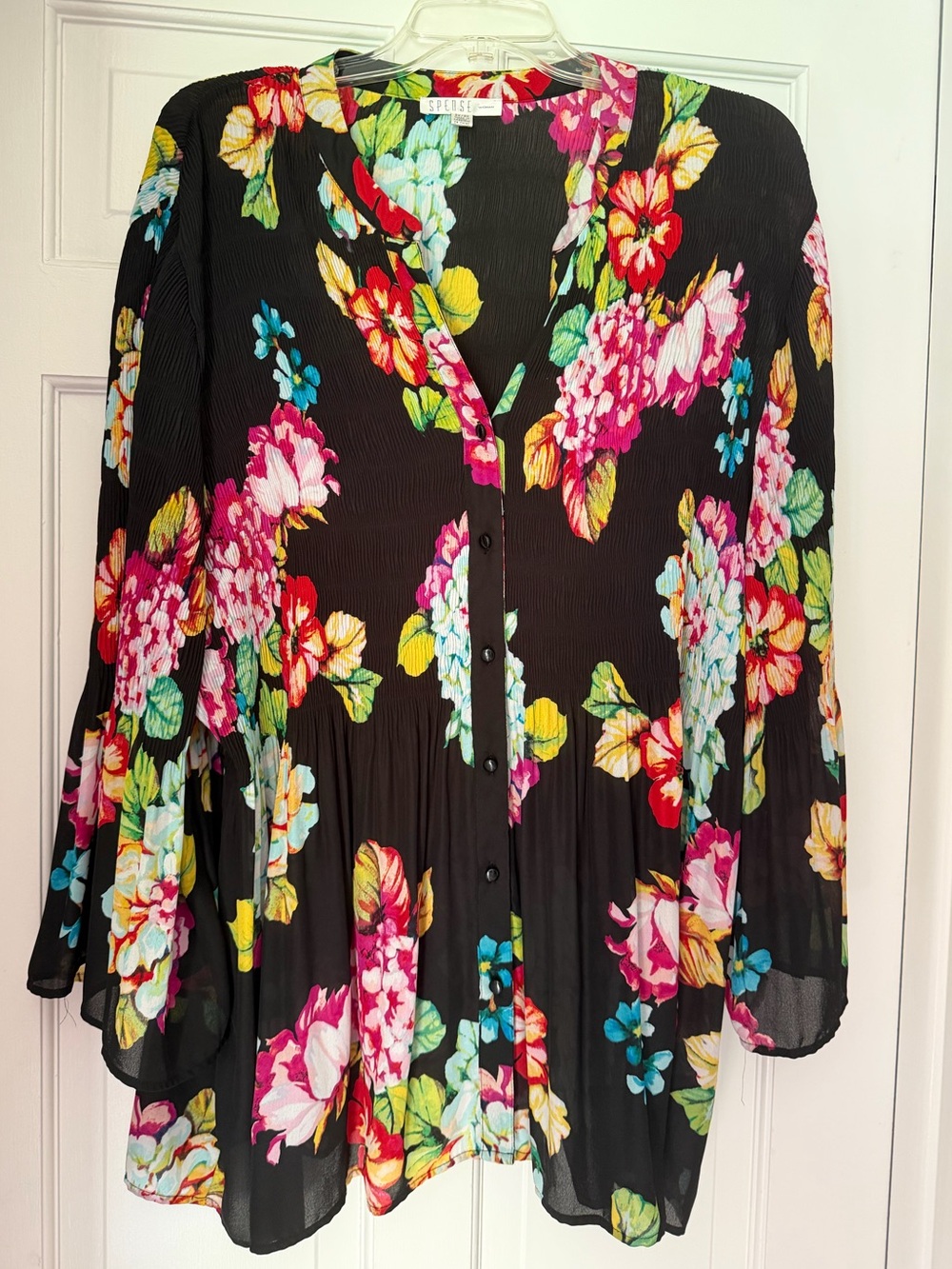 Spense Black Floral Button-Front Blouse with Bright Bloom Print